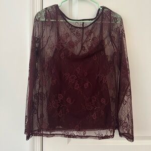 Burgundy Sheer Lace Blouse